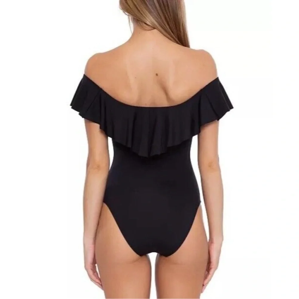 NEW NWT Trina Turk Black off shoulder ruffle one piece swimsuit modest